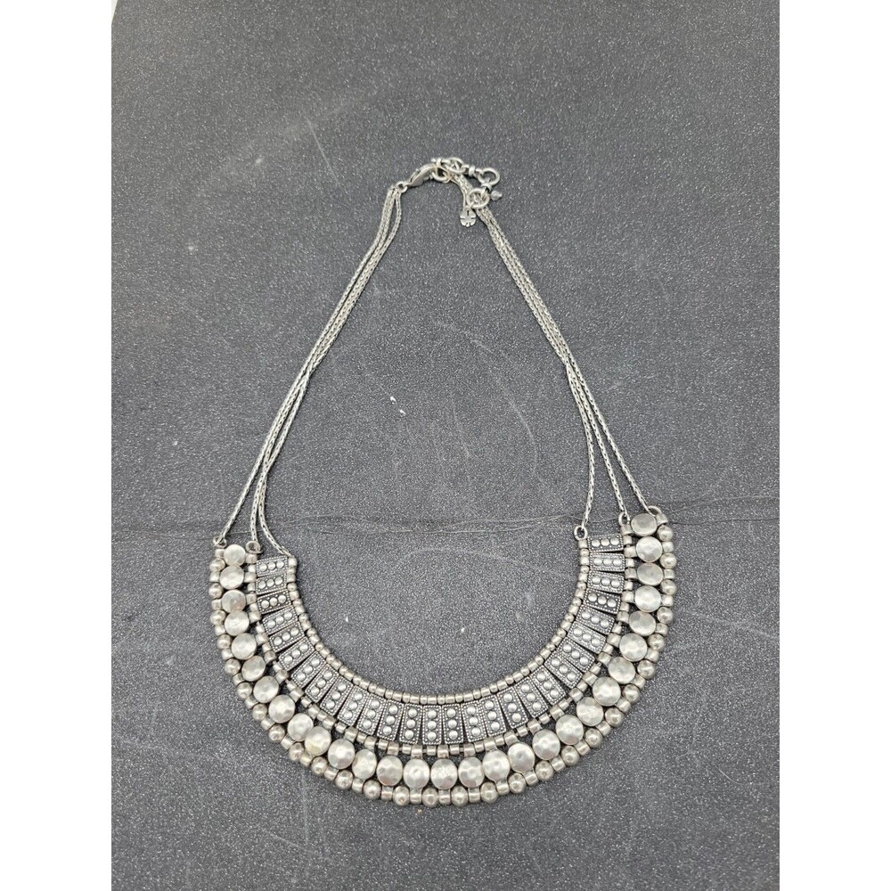 Lucky Brand 3 Strand Metallic Tone Necklace Silvertone Vtg Statement Collar